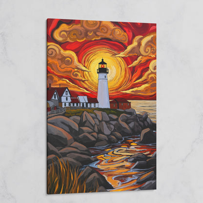 Lighthouse at Sunset Canvas Print, Stylized Coastal Wall Art on gallery wrap