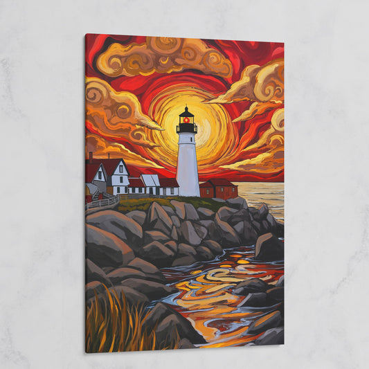 Lighthouse at Sunset Canvas Print, Stylized Coastal Wall Art on gallery wrap