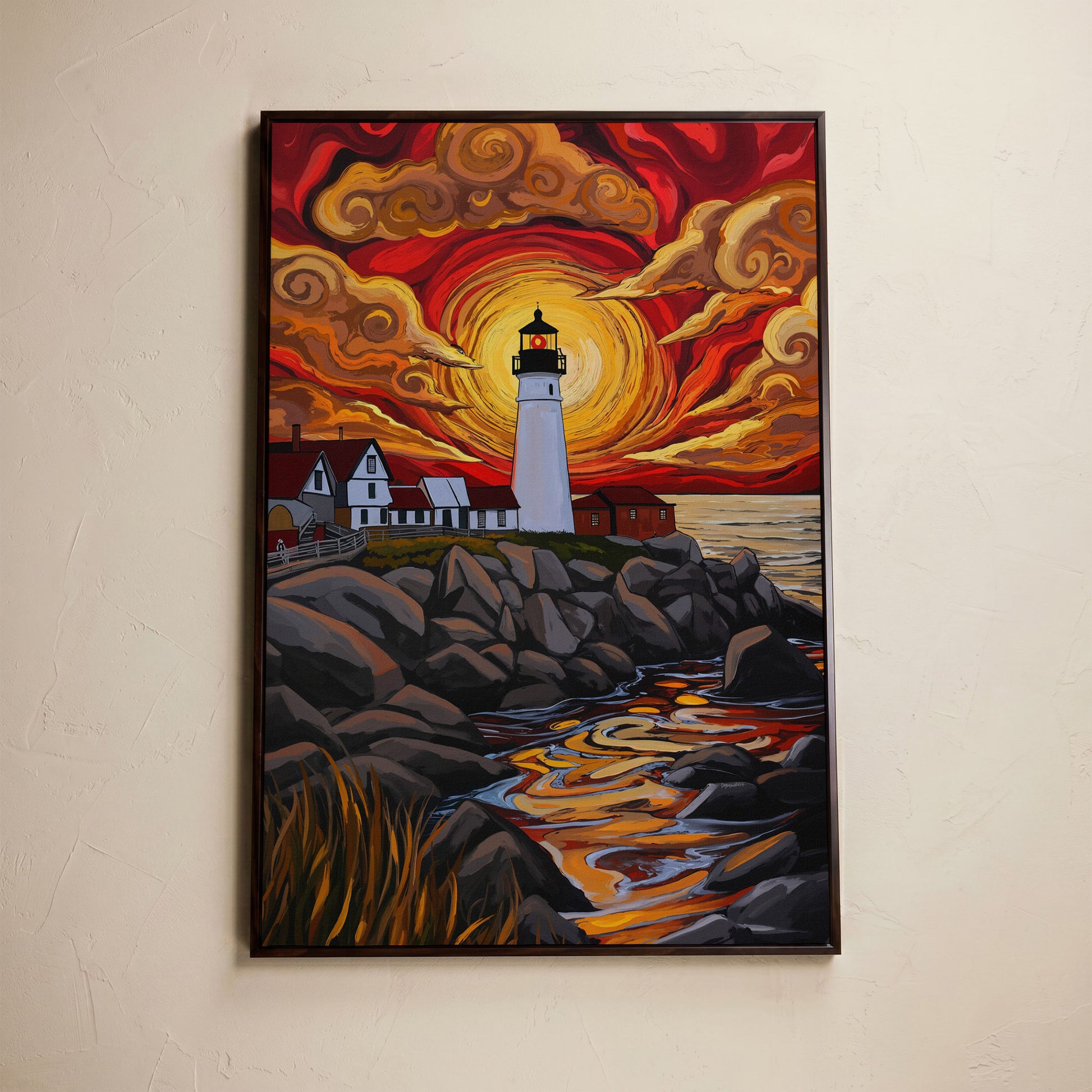 Lighthouse at Sunset Canvas Print, Stylized Coastal Wall Art in dark walnut floating frame