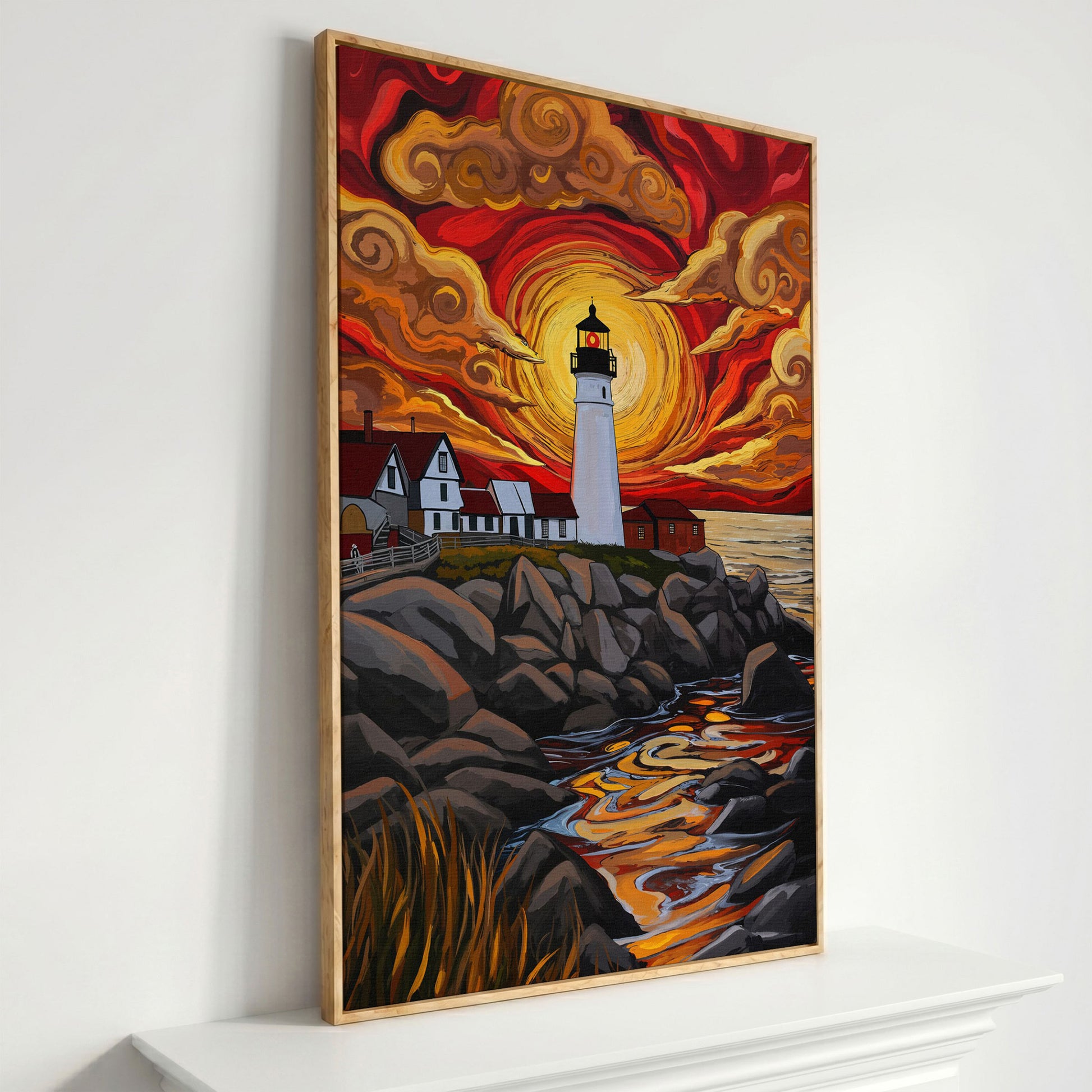 Lighthouse at Sunset Canvas Print, Stylized Coastal Wall Art in white oak floating frame