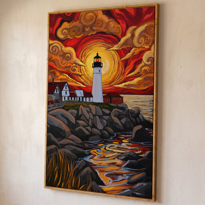 Lighthouse at Sunset Canvas Print, Stylized Coastal Wall Art shown in white oak floating frame