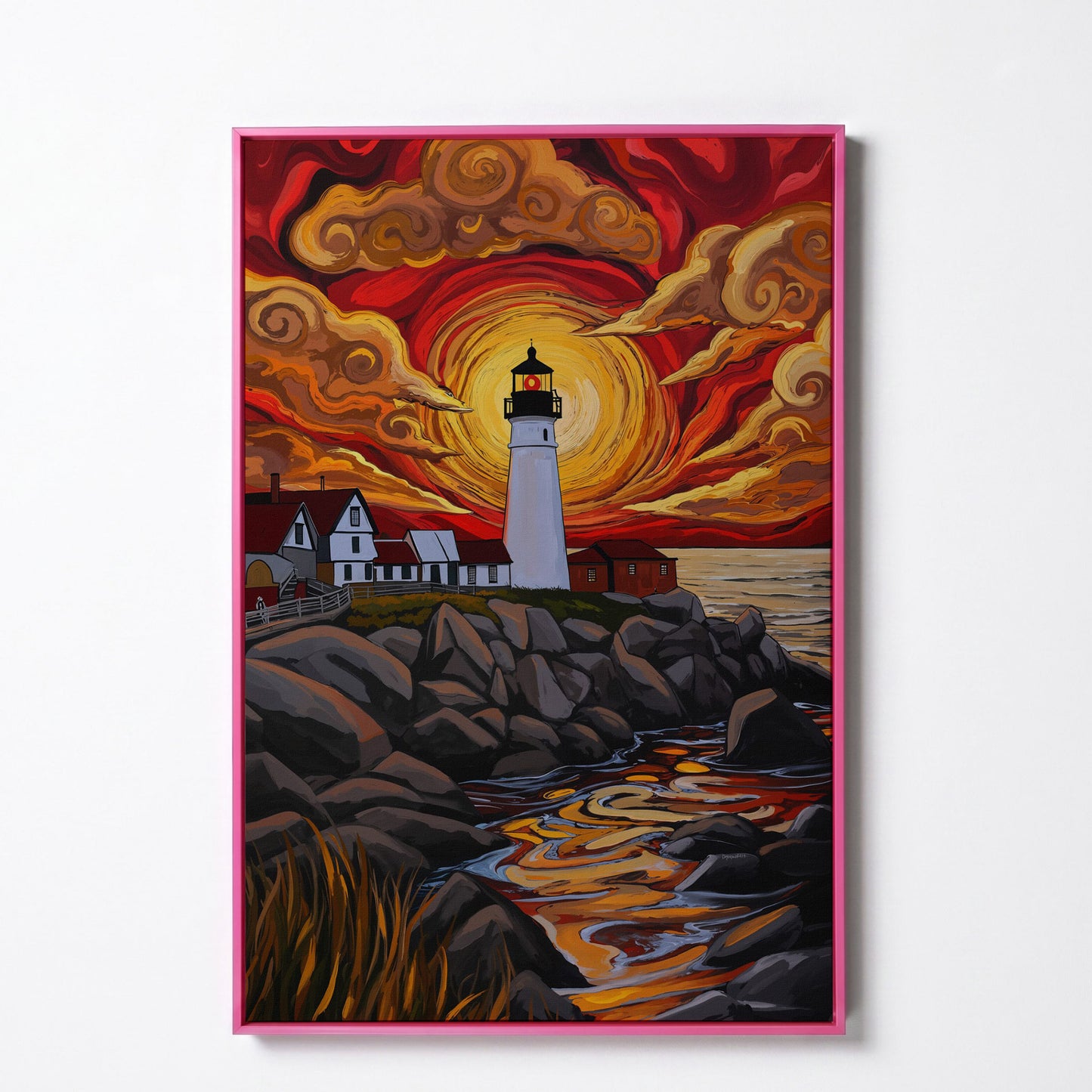 Lighthouse at Sunset Canvas Print, Stylized Coastal Wall Art in pink floating frame