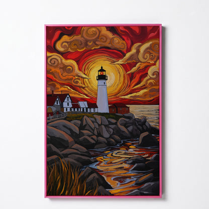 Lighthouse at Sunset Canvas Print, Stylized Coastal Wall Art in pink floating frame