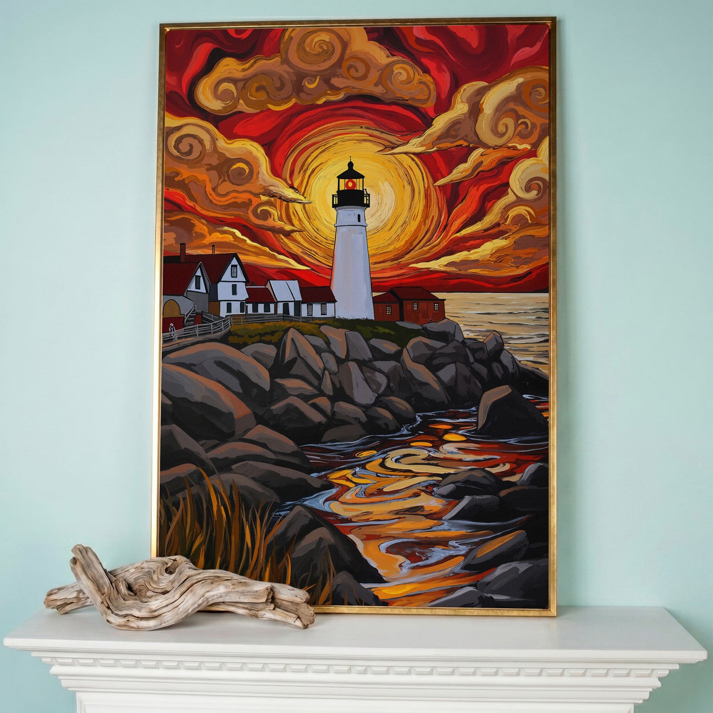 Lighthouse at Sunset Canvas Print, Stylized Coastal Wall Art in rose gold floating frame