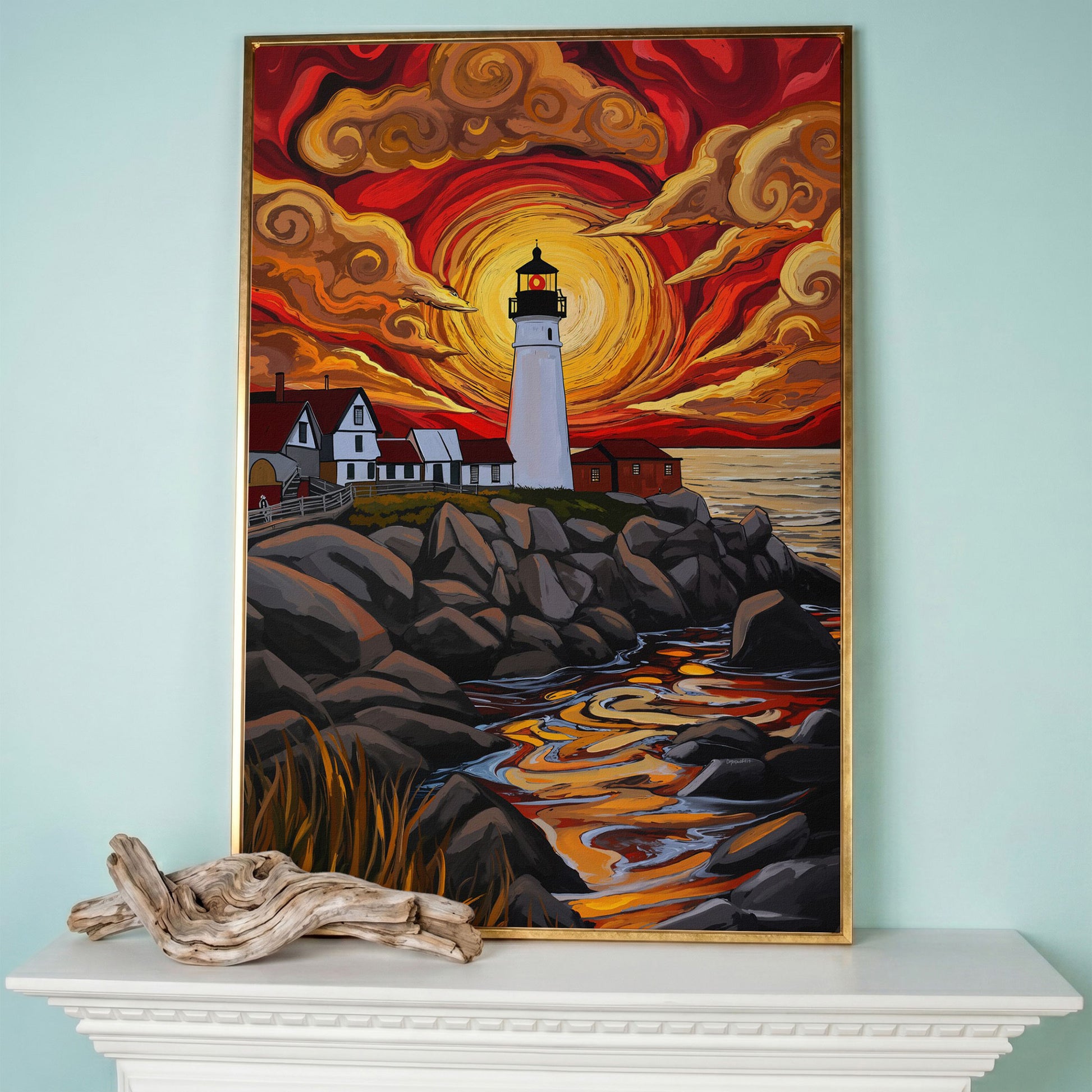 Lighthouse at Sunset Canvas Print, Stylized Coastal Wall Art in rose gold floating frame