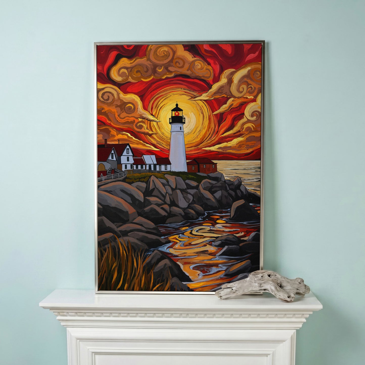 Lighthouse at Sunset Canvas Print, Stylized Coastal Wall Art in silver floating frame