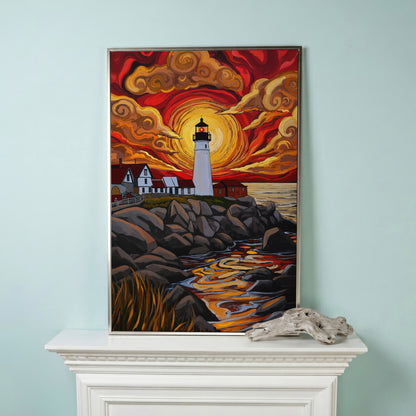 Lighthouse at Sunset Canvas Print, Stylized Coastal Wall Art in silver floating frame