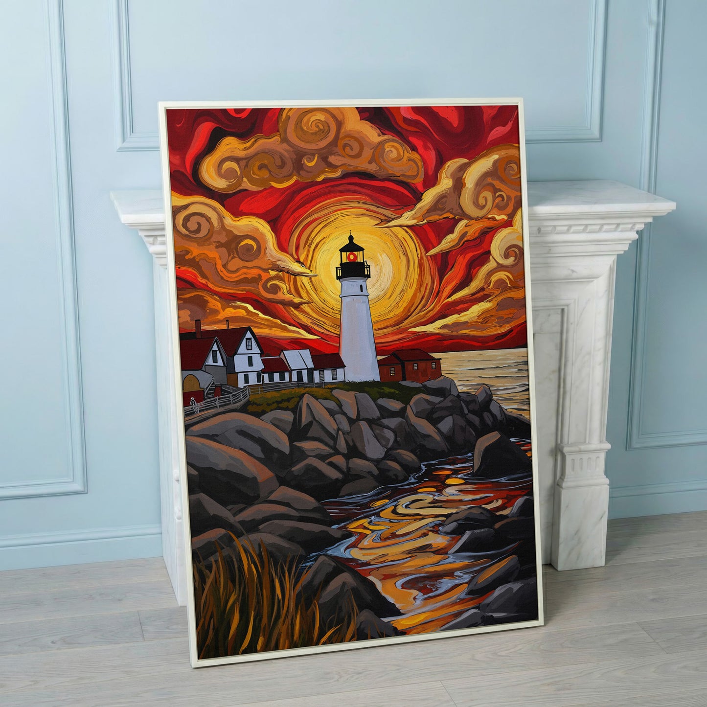 Lighthouse at Sunset Canvas Print, Stylized Coastal Wall Art in white floating frame