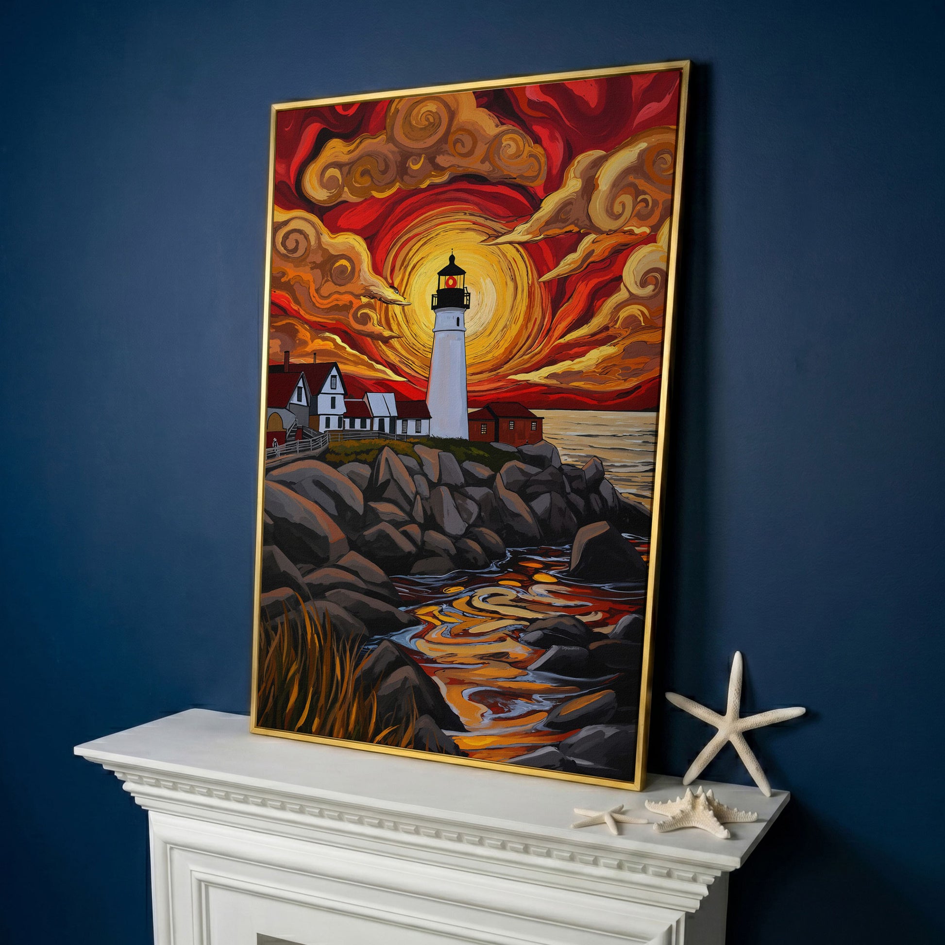 Lighthouse at Sunset Canvas Print, Stylized Coastal Wall Art in yellow gold floating frame