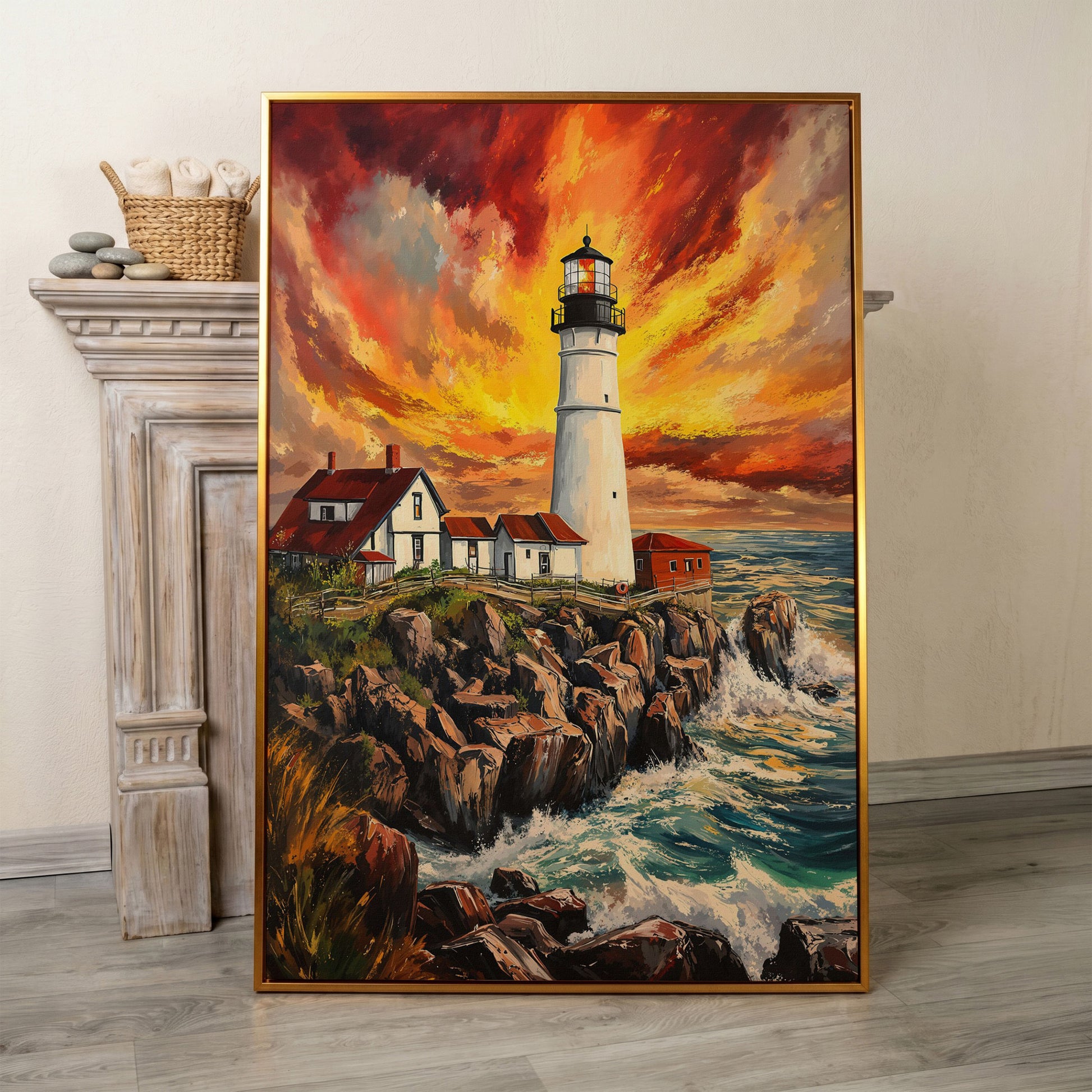 Lighthouse on the Rocks. Dramatic Coastal Canvas Wall Art in antique gold floating frame
