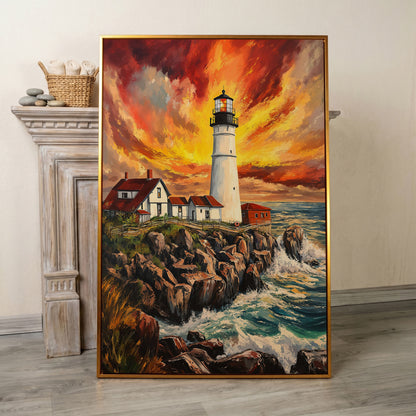 Lighthouse on the Rocks. Dramatic Coastal Canvas Wall Art in antique gold floating frame