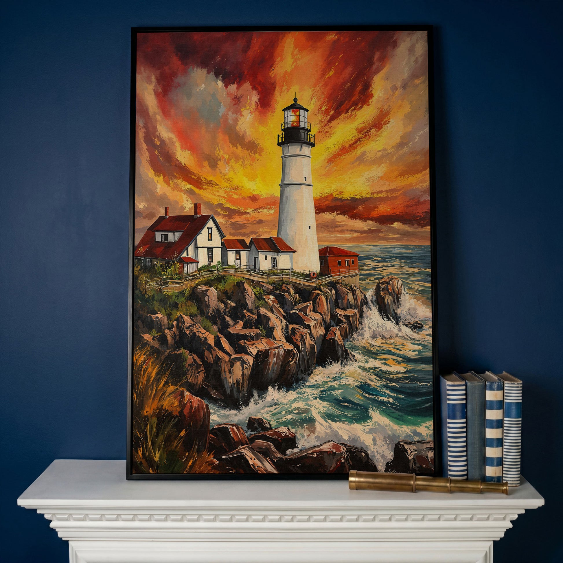 Lighthouse on the Rocks. Dramatic Coastal Canvas Wall Art in black floating frame
