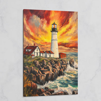 Lighthouse on the Rocks. Dramatic Coastal Canvas Wall Art on gallery wrap