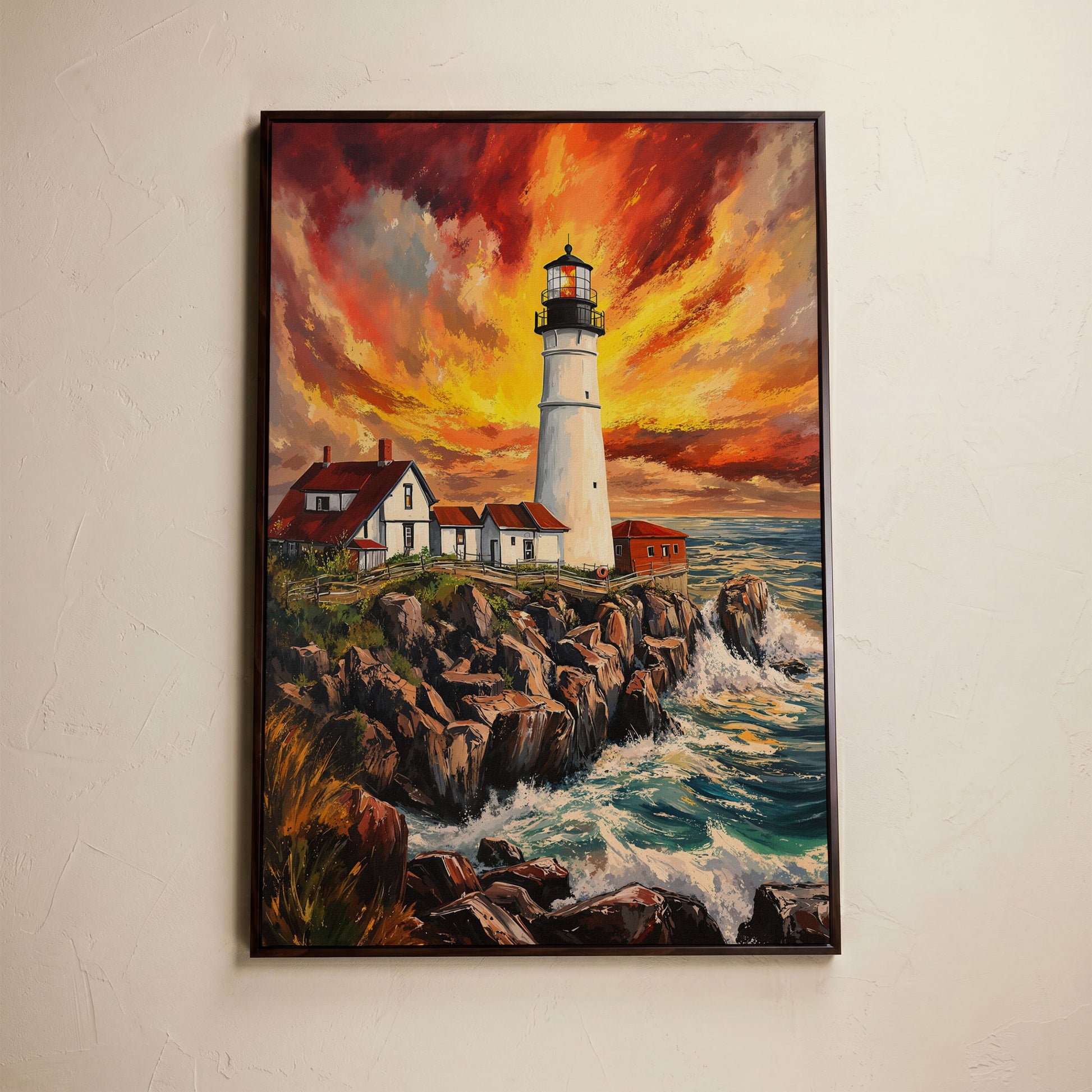 Lighthouse on the Rocks. Dramatic Coastal Canvas Wall Art in dark walnut floating frame