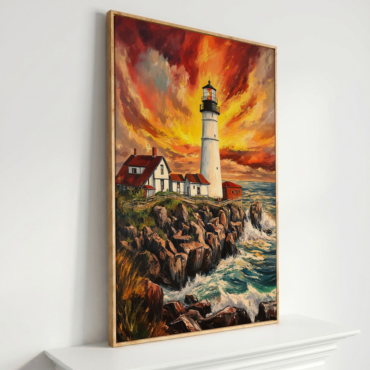 Lighthouse on the Rocks. Dramatic Coastal Canvas Wall Art in white oak floating frame