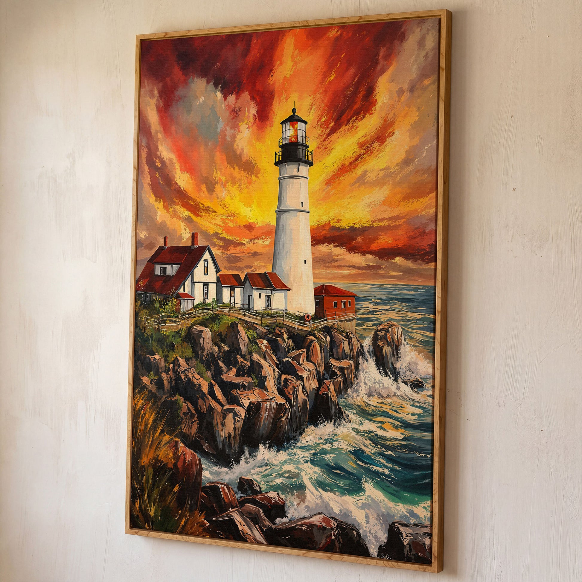 Lighthouse on the Rocks. Dramatic Coastal Canvas Wall Art shown in white oak floating frame