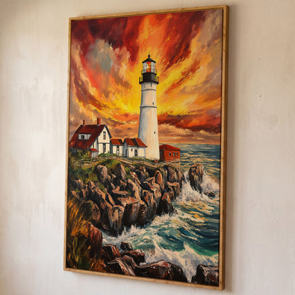 Lighthouse on the Rocks. Dramatic Coastal Canvas Wall Art shown in white oak floating frame