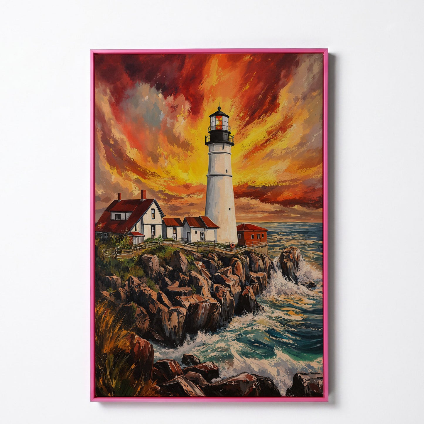 Lighthouse on the Rocks. Dramatic Coastal Canvas Wall Art in pink floating frame