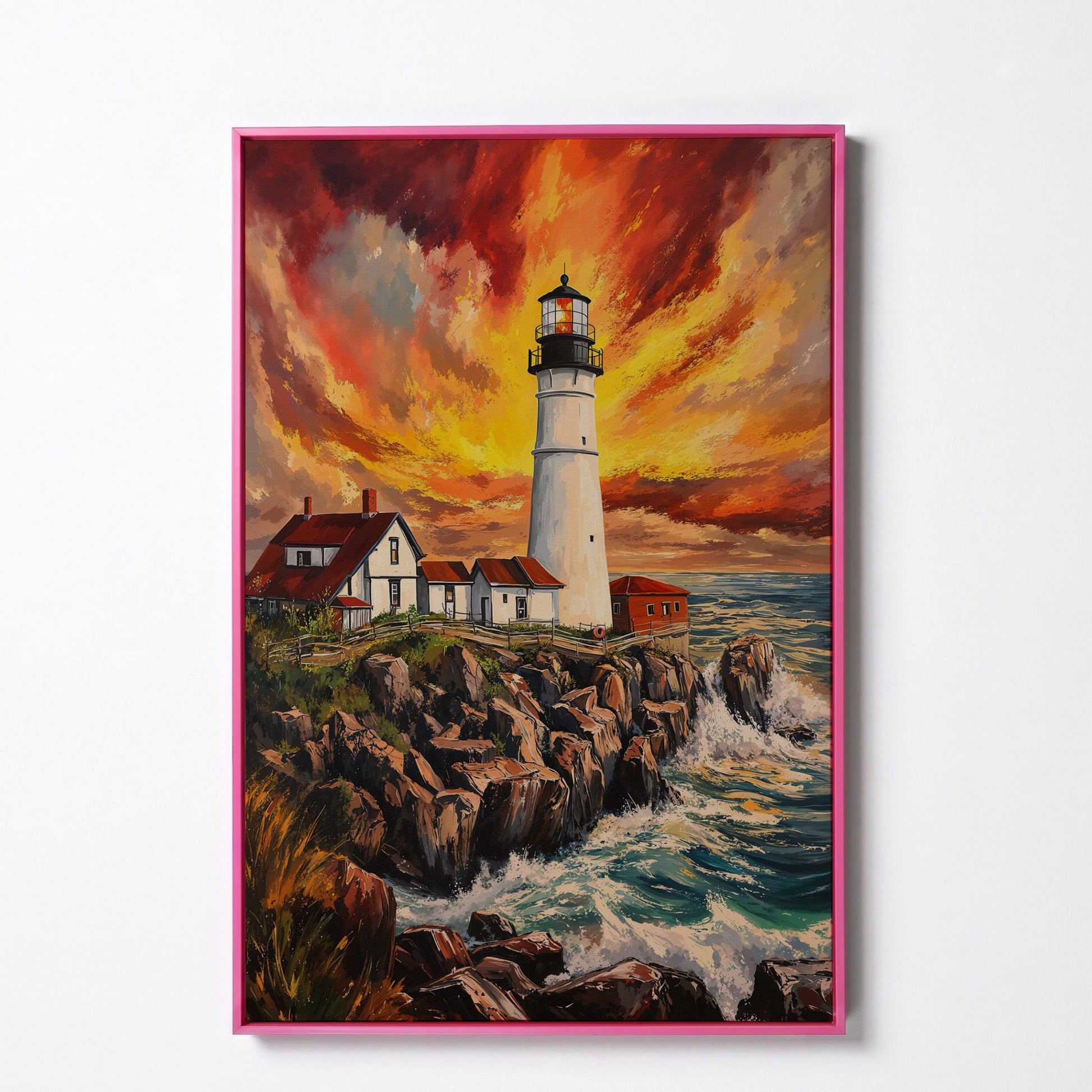 Lighthouse on the Rocks. Dramatic Coastal Canvas Wall Art in pink floating frame