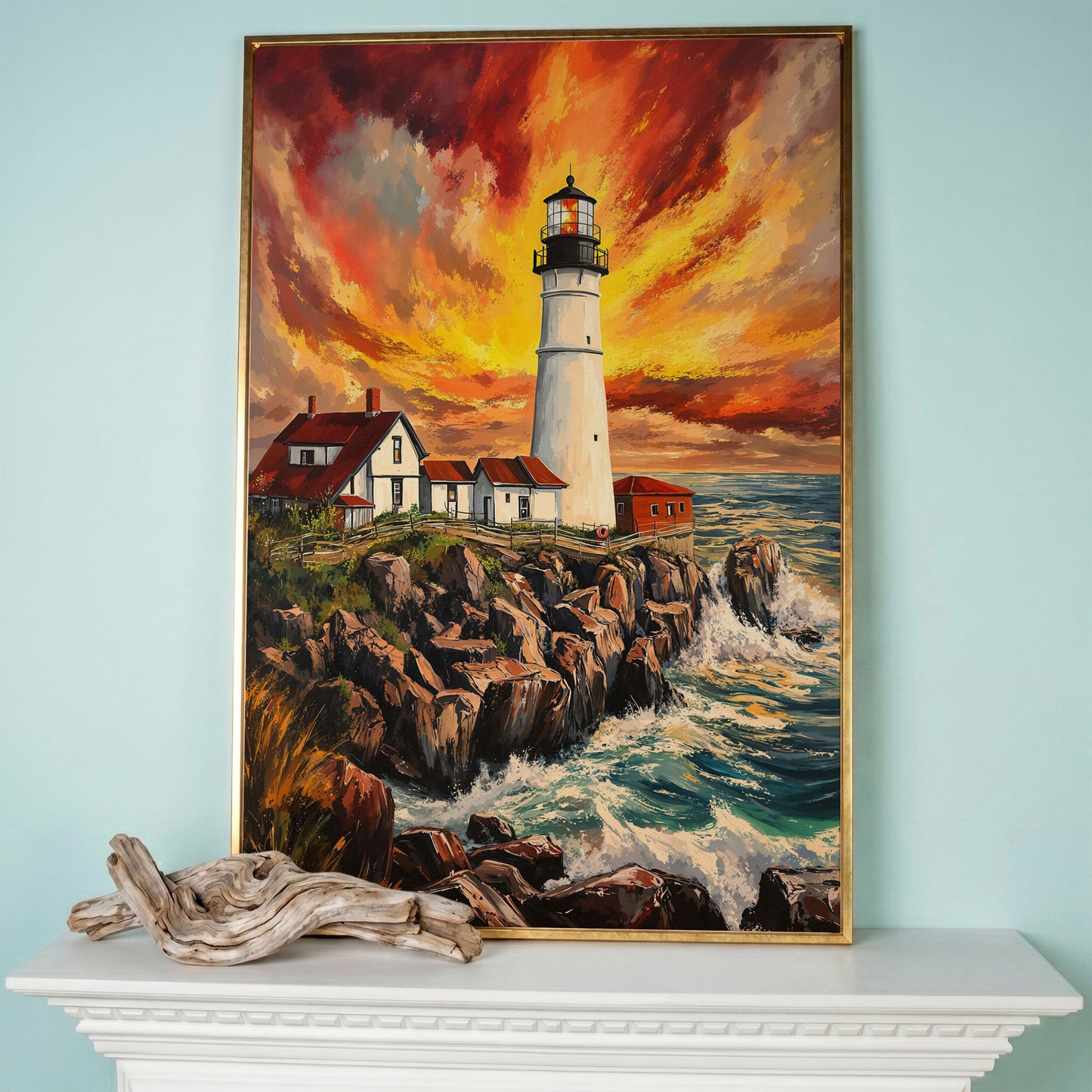 Lighthouse on the Rocks. Dramatic Coastal Canvas Wall Art in rose gold floating frame