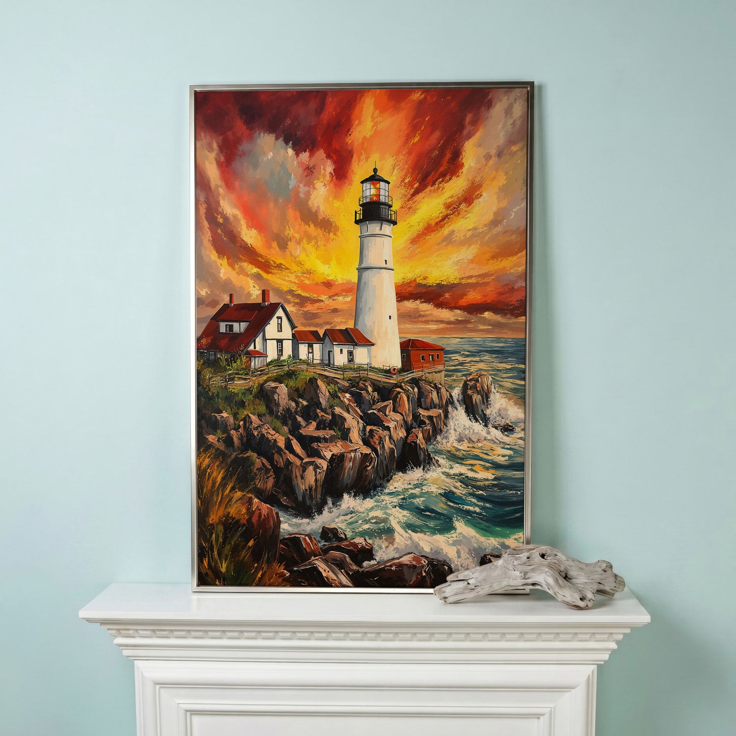 Lighthouse on the Rocks. Dramatic Coastal Canvas Wall Art in silver floating frame