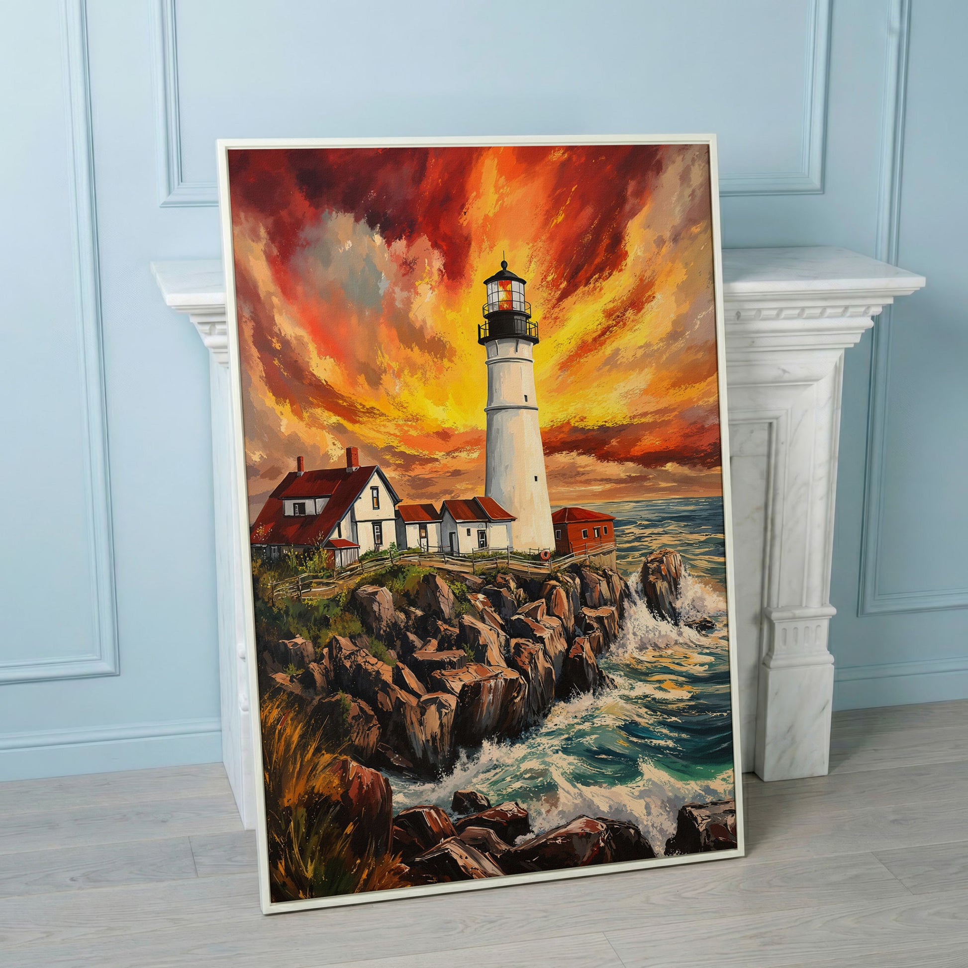 Lighthouse on the Rocks. Dramatic Coastal Canvas Wall Art in white floating frame