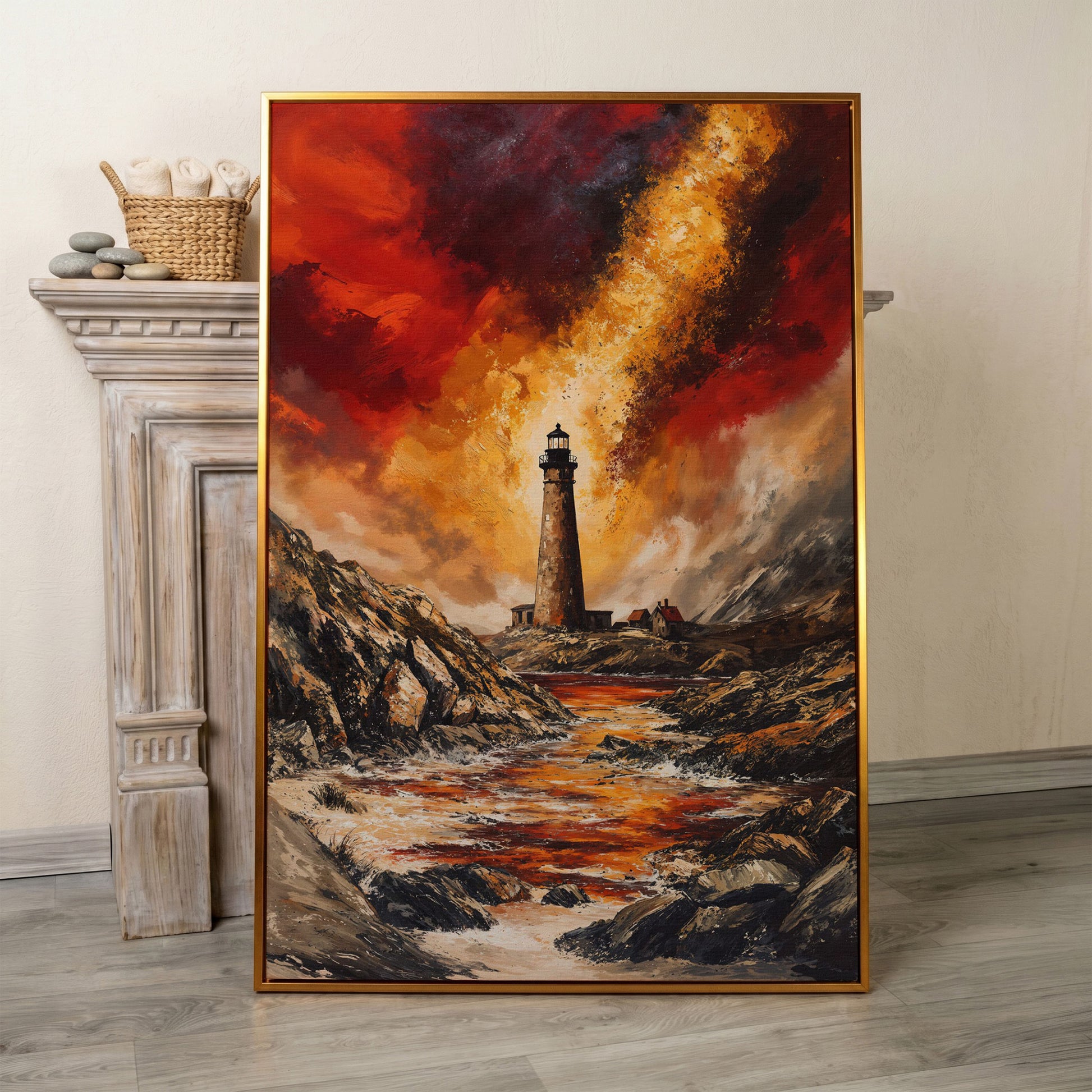 Stormy Lighthouse Seascape Canvas Art, Portrait Wall Print in antique gold floating frame