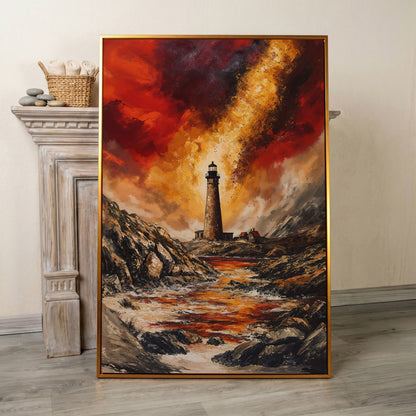 Stormy Lighthouse Seascape Canvas Art, Portrait Wall Print in antique gold floating frame