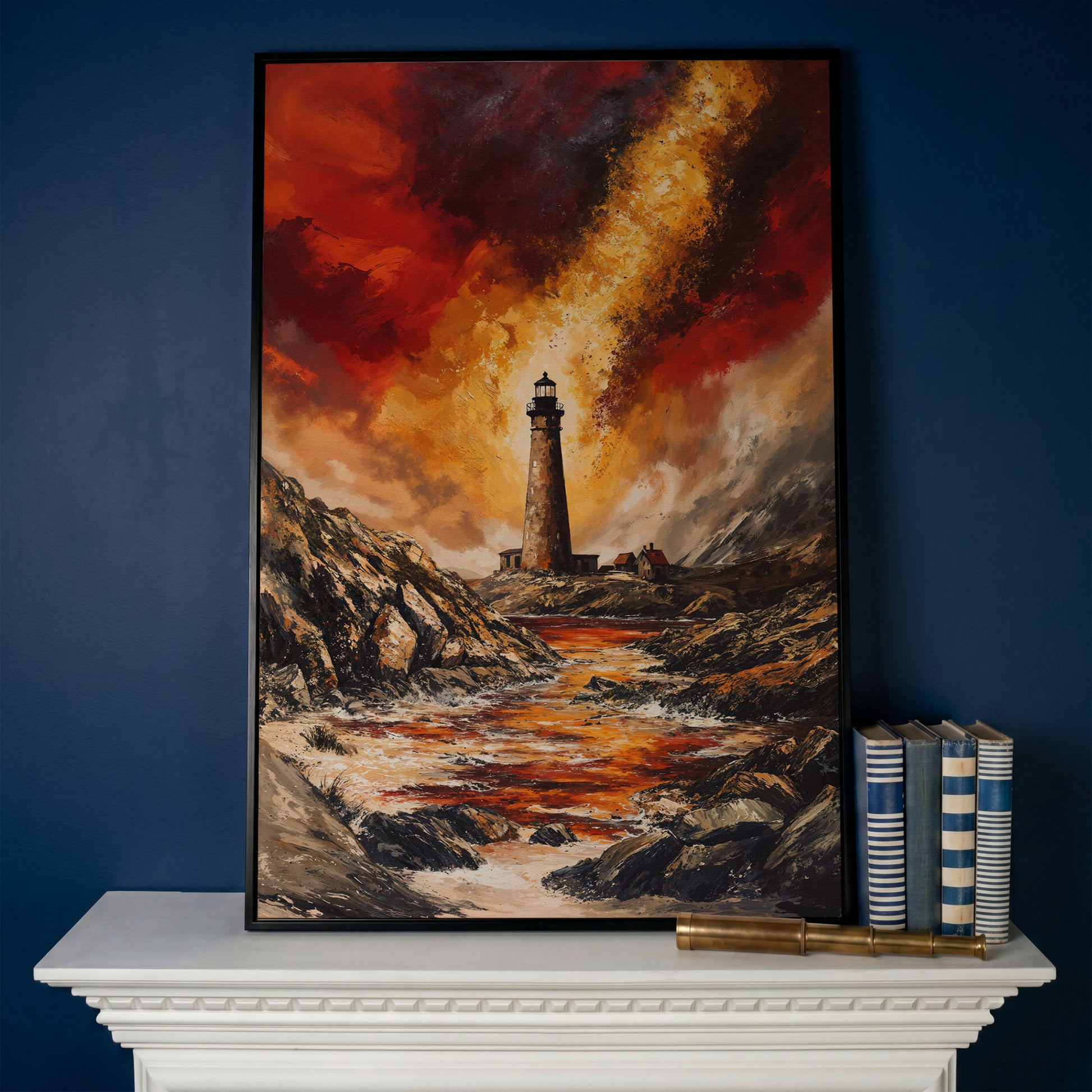 Stormy Lighthouse Seascape Canvas Art, Portrait Wall Print in black floating frame
