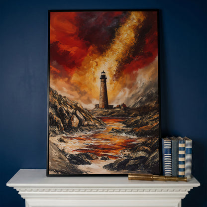 Stormy Lighthouse Seascape Canvas Art, Portrait Wall Print in black floating frame