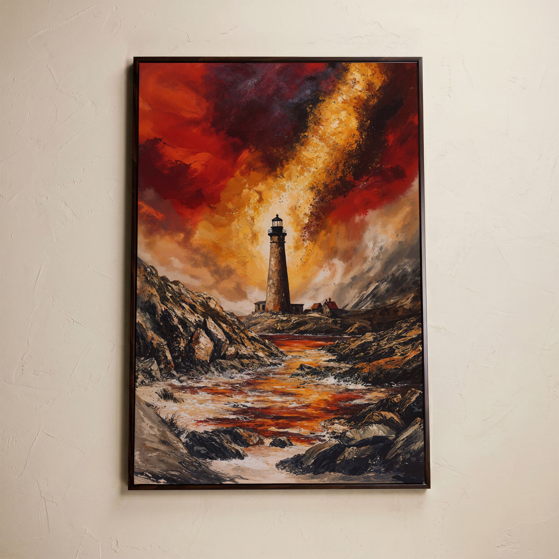 Stormy Lighthouse Seascape Canvas Art, Portrait Wall Print in dark walnut floating frame
