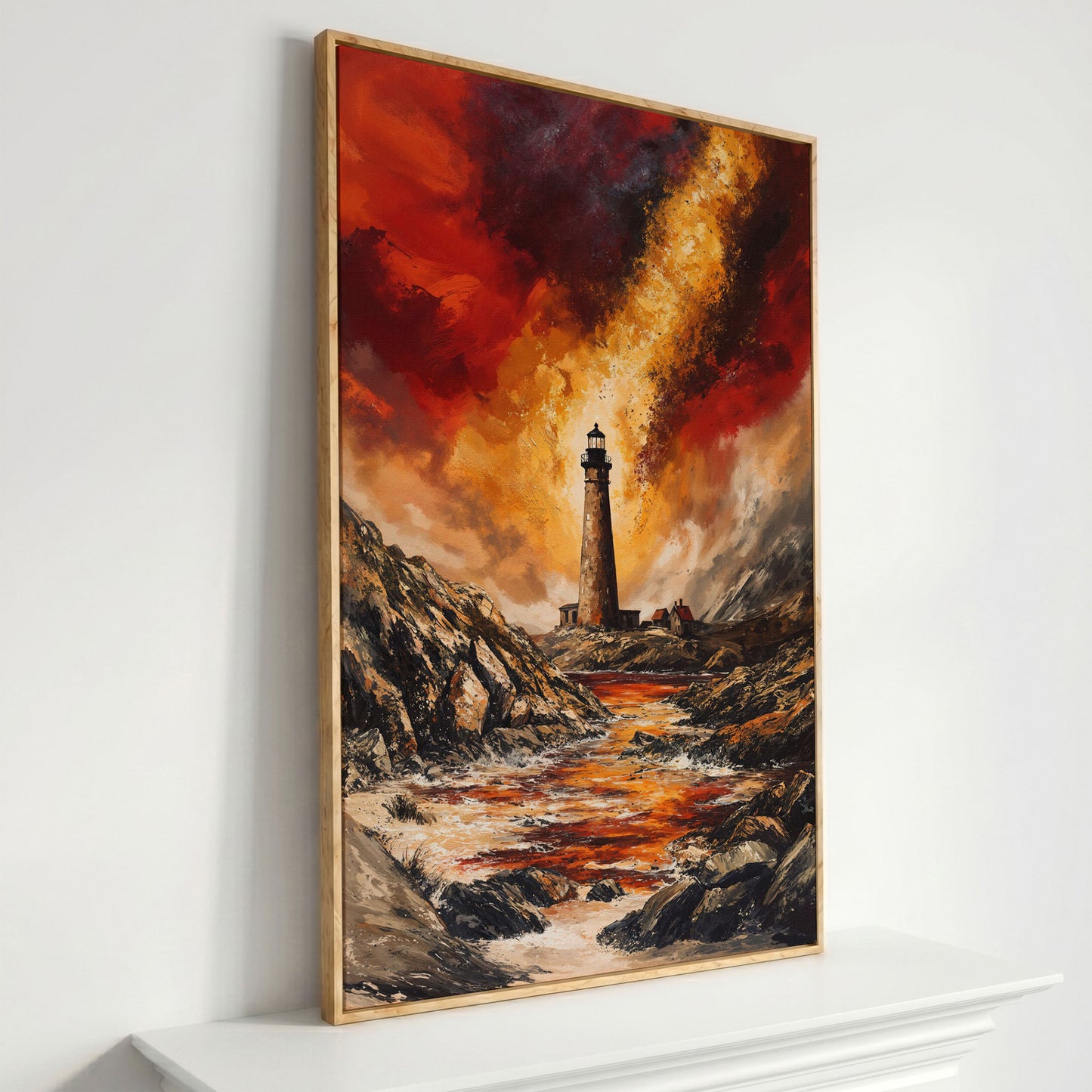 Stormy Lighthouse Seascape Canvas Art, Portrait Wall Print in white oak floating frame