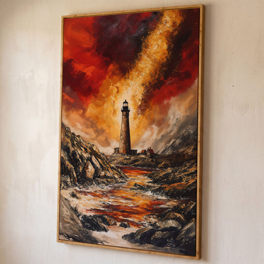Stormy Lighthouse Seascape Canvas Art, Portrait Wall Print shown in white oak floating frame