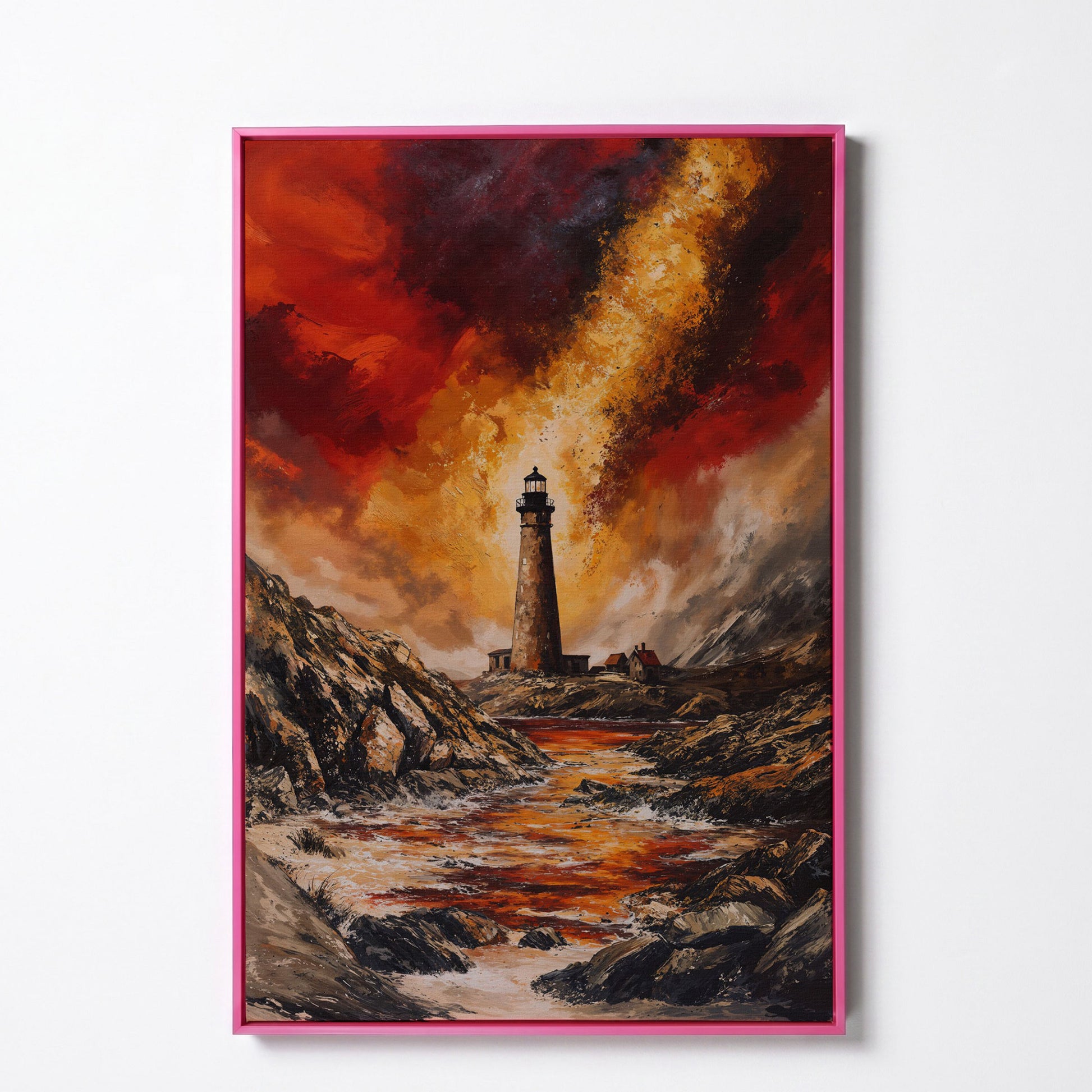 Stormy Lighthouse Seascape Canvas Art, Portrait Wall Print in pink floating frame