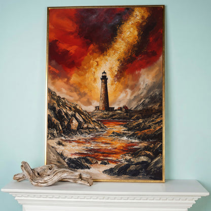 Stormy Lighthouse Seascape Canvas Art, Portrait Wall Print in rose gold floating frame