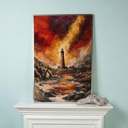 Stormy Lighthouse Seascape Canvas Art, Portrait Wall Print in silver floating frame