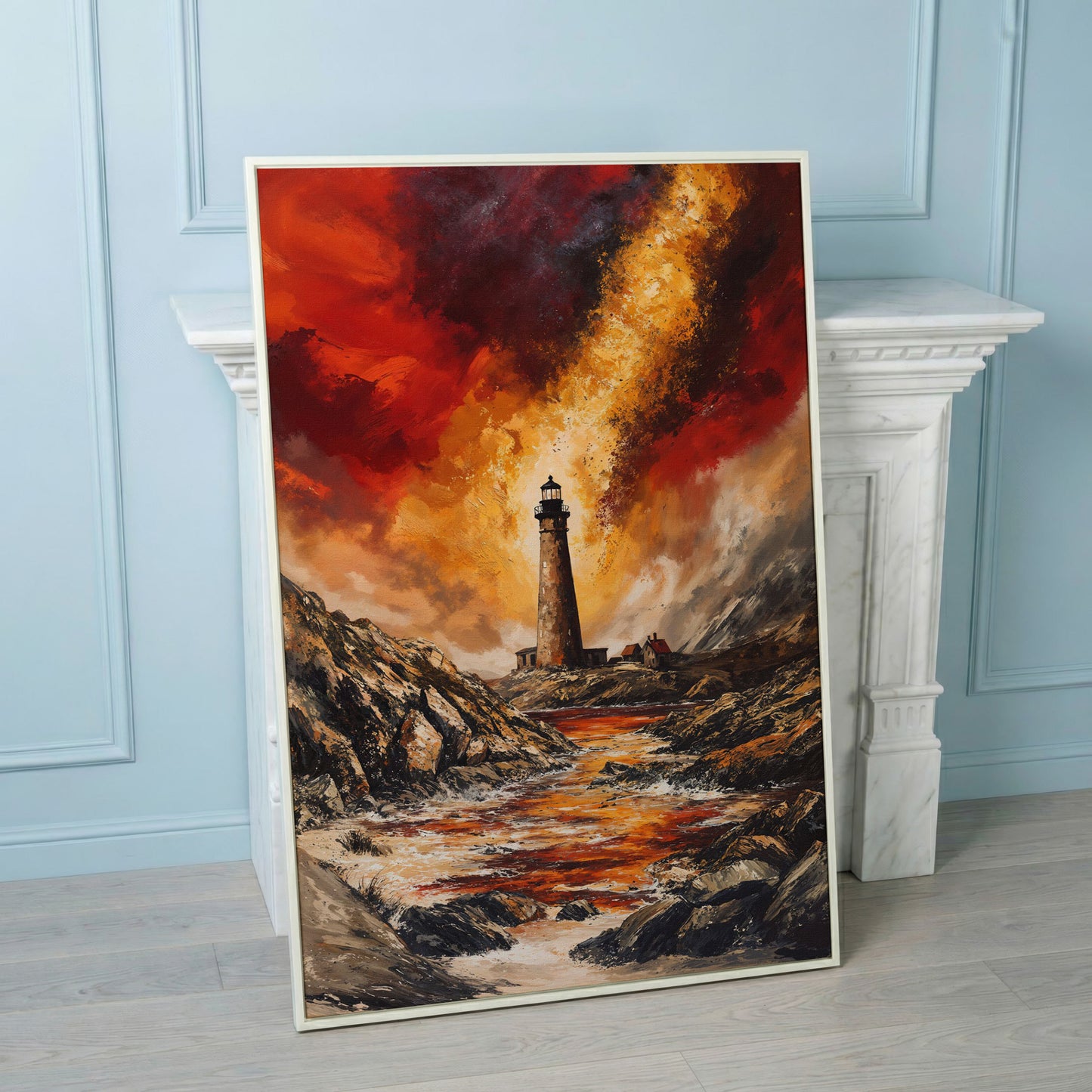 Stormy Lighthouse Seascape Canvas Art, Portrait Wall Print in white floating frame