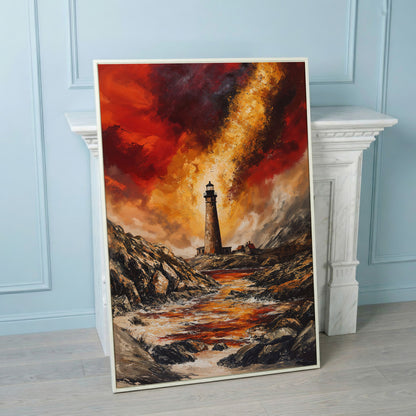 Stormy Lighthouse Seascape Canvas Art, Portrait Wall Print in white floating frame