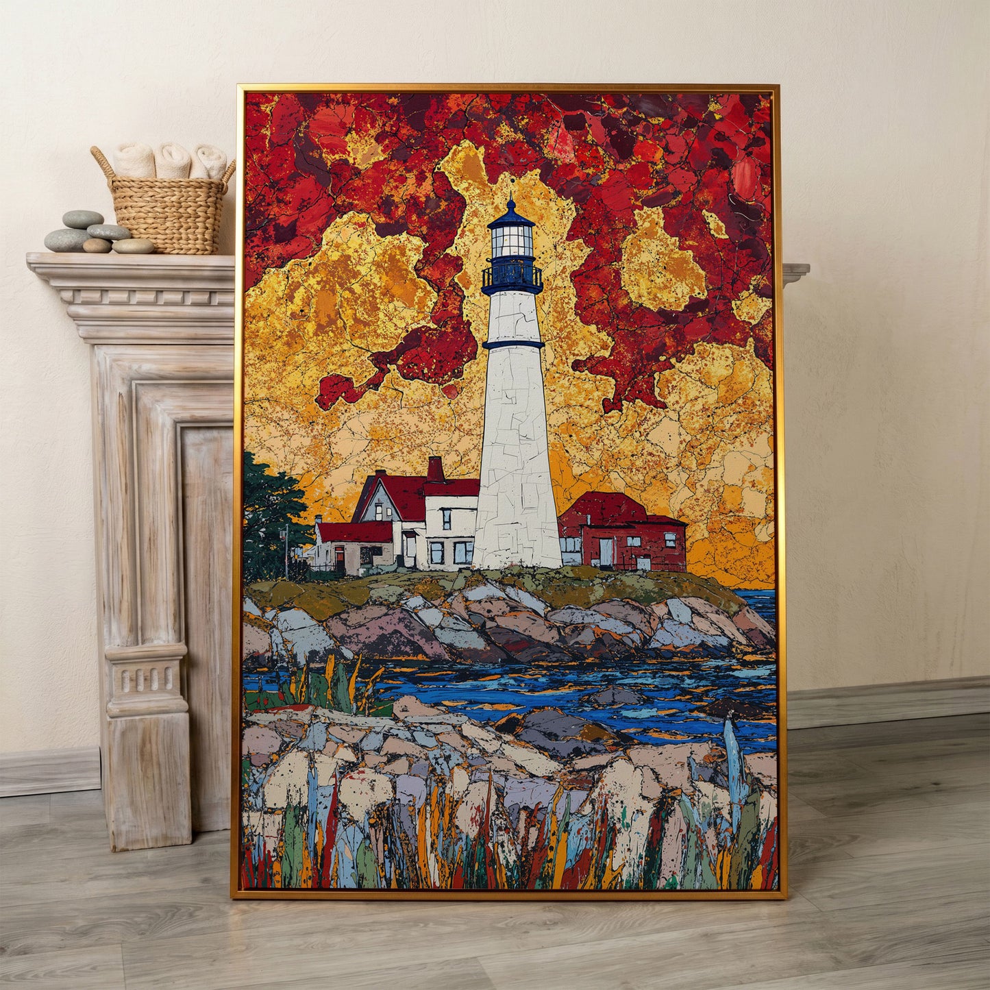 Lighthouse on Rocky Coast Canvas Art with Dramatic Sky in antique gold floating frame