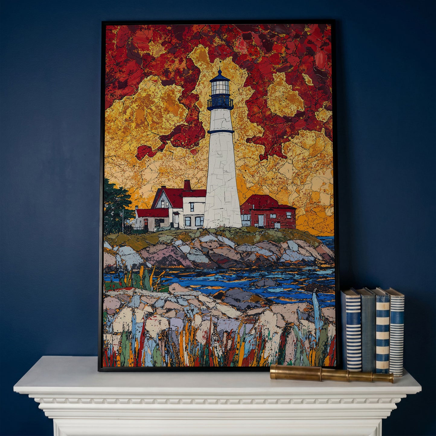 Lighthouse on Rocky Coast Canvas Art with Dramatic Sky in black floating frame