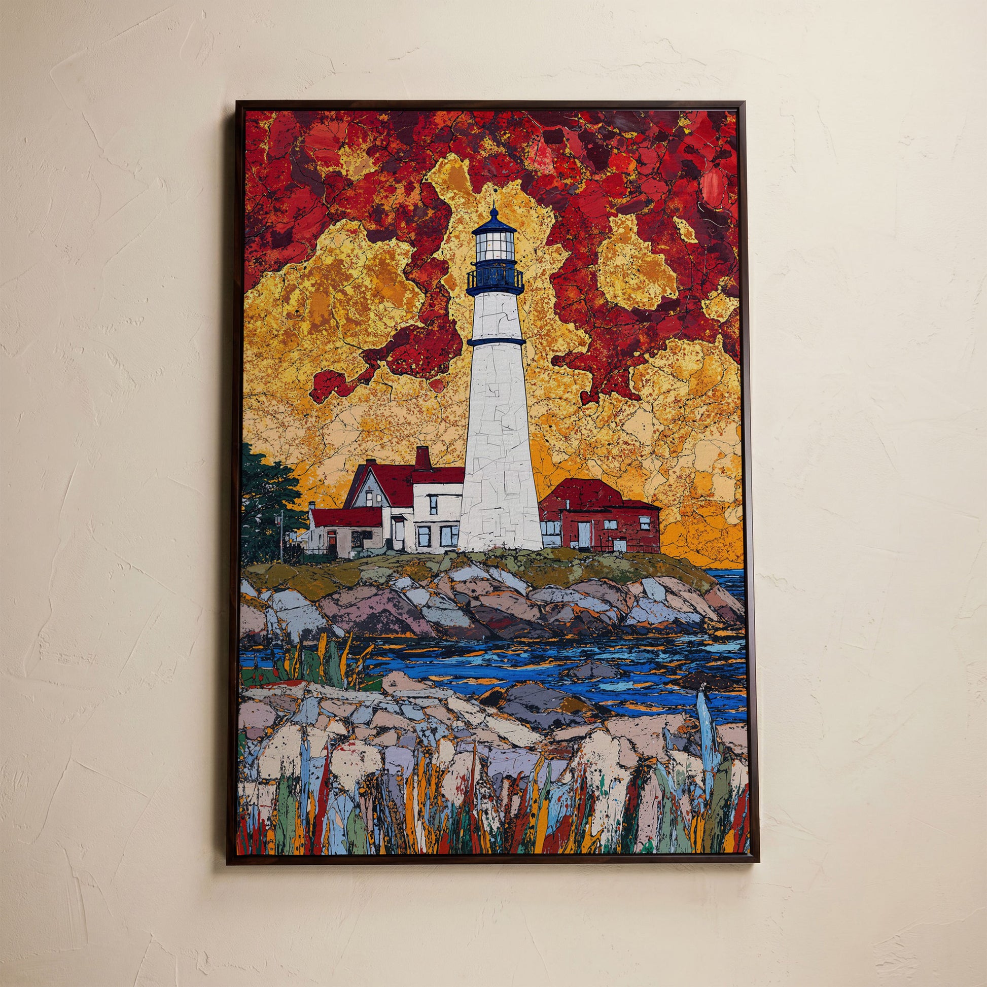 Lighthouse on Rocky Coast Canvas Art with Dramatic Sky in dark walnut floating frame