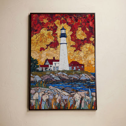 Lighthouse on Rocky Coast Canvas Art with Dramatic Sky in dark walnut floating frame