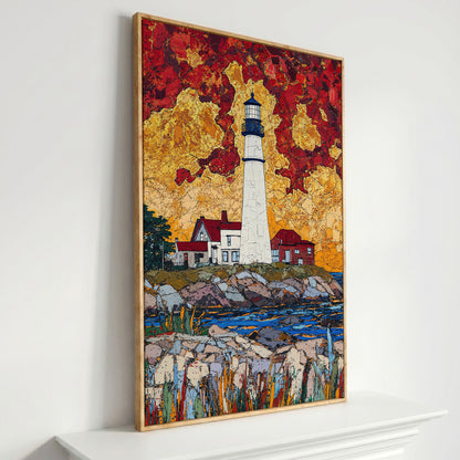 Lighthouse on Rocky Coast Canvas Art with Dramatic Sky in white oak floating frame