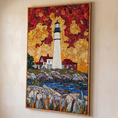 Lighthouse on Rocky Coast Canvas Art with Dramatic Sky shown in white oak floating frame