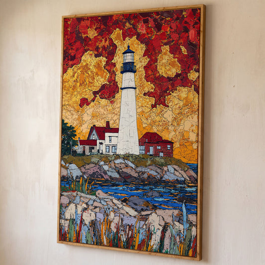 Lighthouse on Rocky Coast Canvas Art with Dramatic Sky shown in white oak floating frame