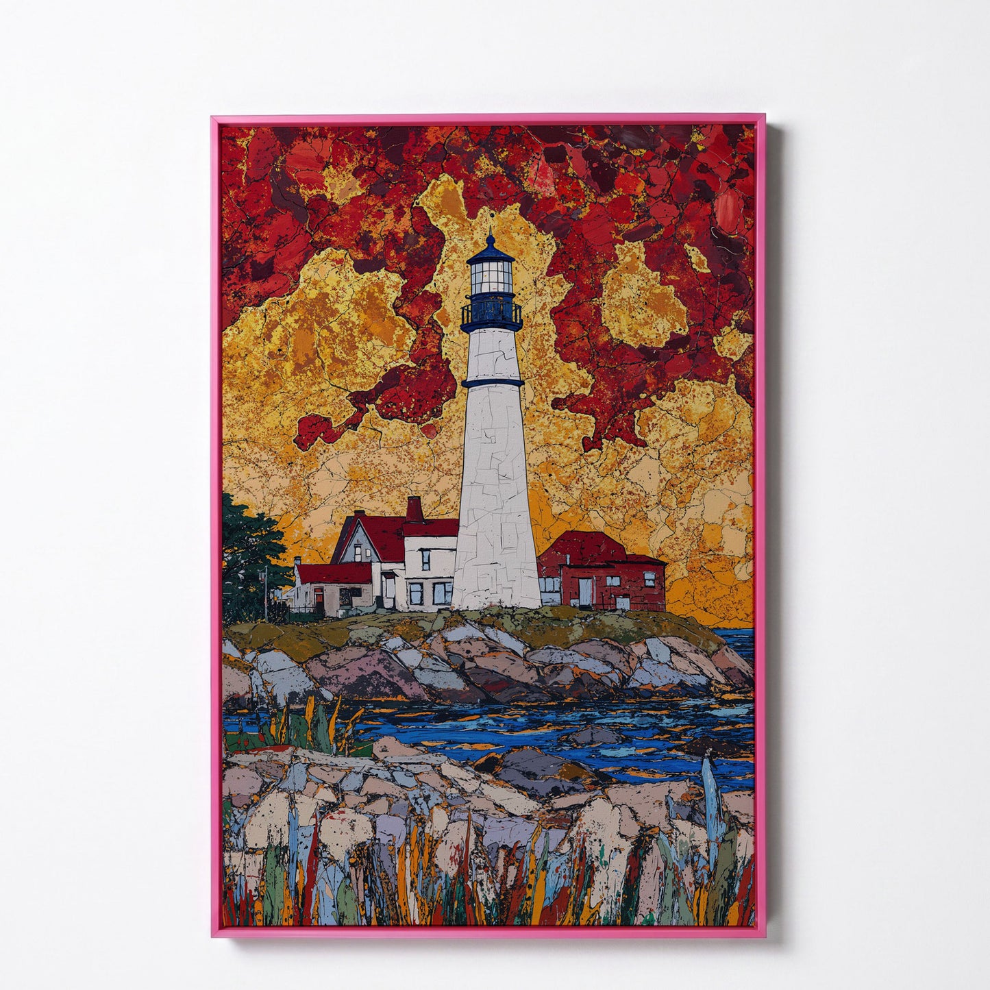 Lighthouse on Rocky Coast Canvas Art with Dramatic Sky in pink floating frame