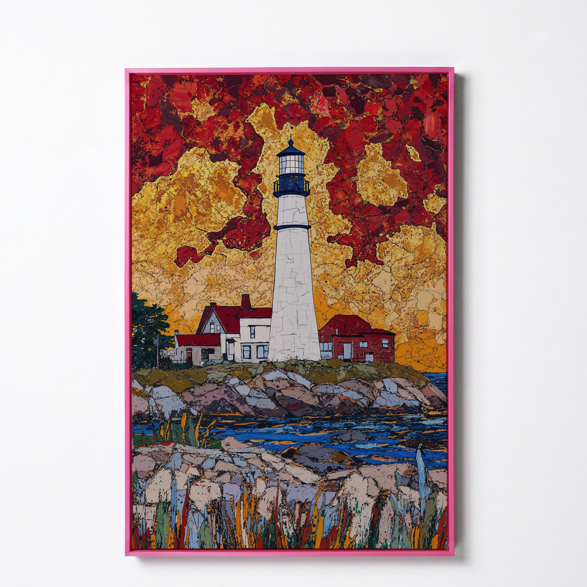Lighthouse on Rocky Coast Canvas Art with Dramatic Sky in pink floating frame