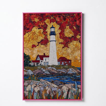 Lighthouse on Rocky Coast Canvas Art with Dramatic Sky in pink floating frame