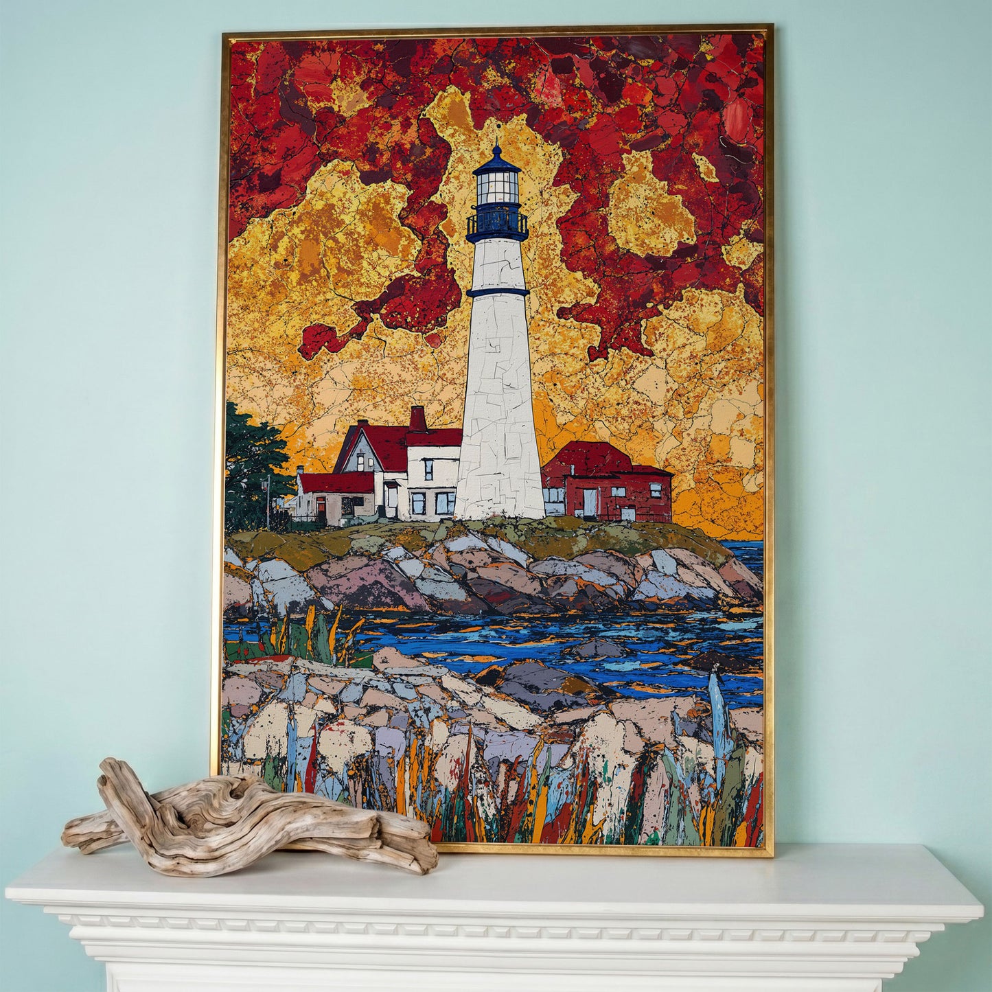 Lighthouse on Rocky Coast Canvas Art with Dramatic Sky in rose gold floating frame