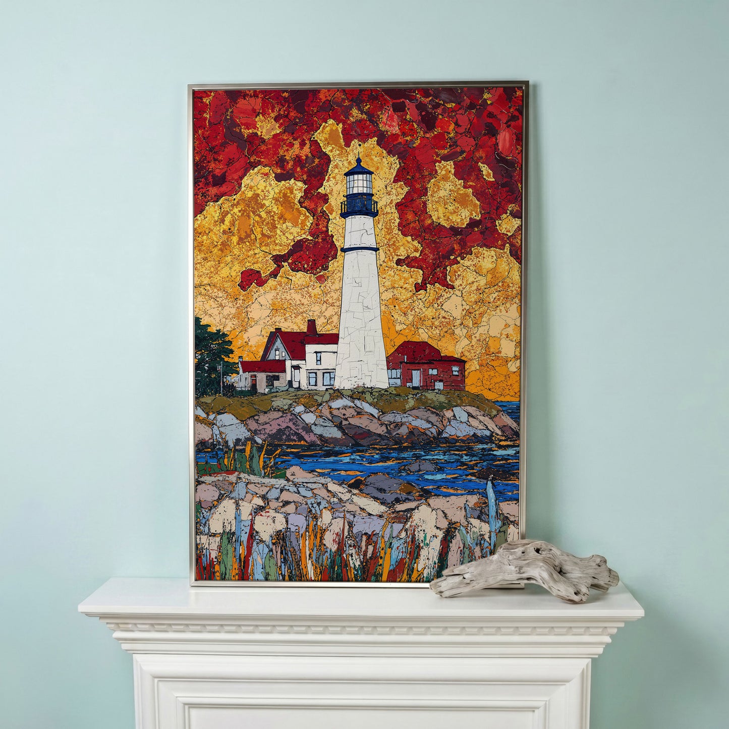 Lighthouse on Rocky Coast Canvas Art with Dramatic Sky in silver floating frame